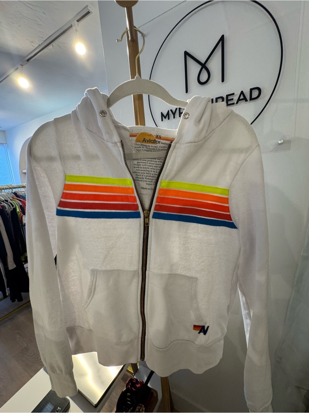 Aviator Nation White Hoodie with Rainbow Stripe Accents Size XS Fair Condition - Picture 5 of 9